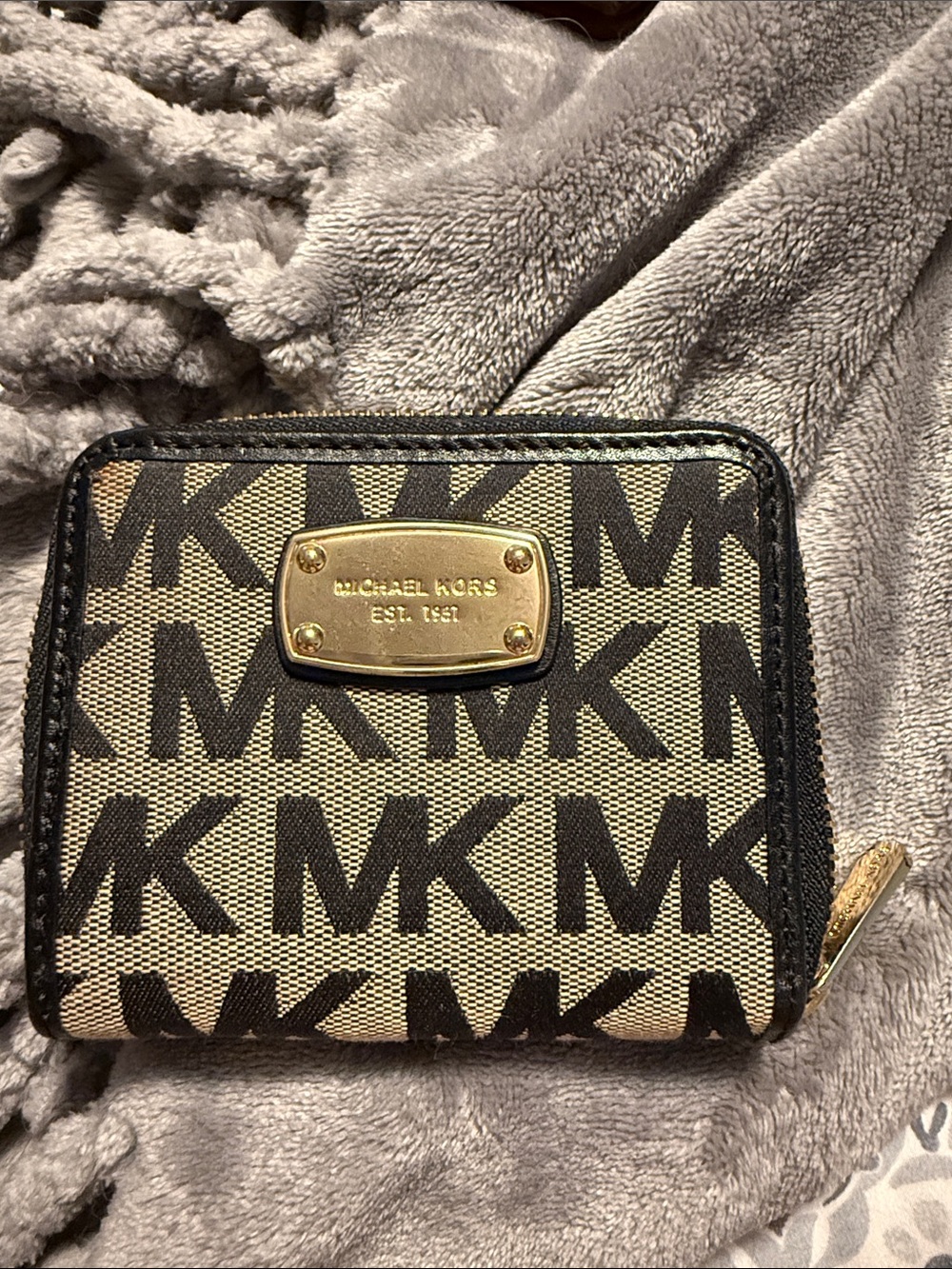 Michael Kors Black and Beige MK Logo Zip Around Wallet with Gold Plate